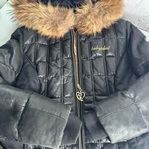 Baby Phat Jacket Womens XL Black Gold Genuine Leather Puffer Y2K Bomber Vintage